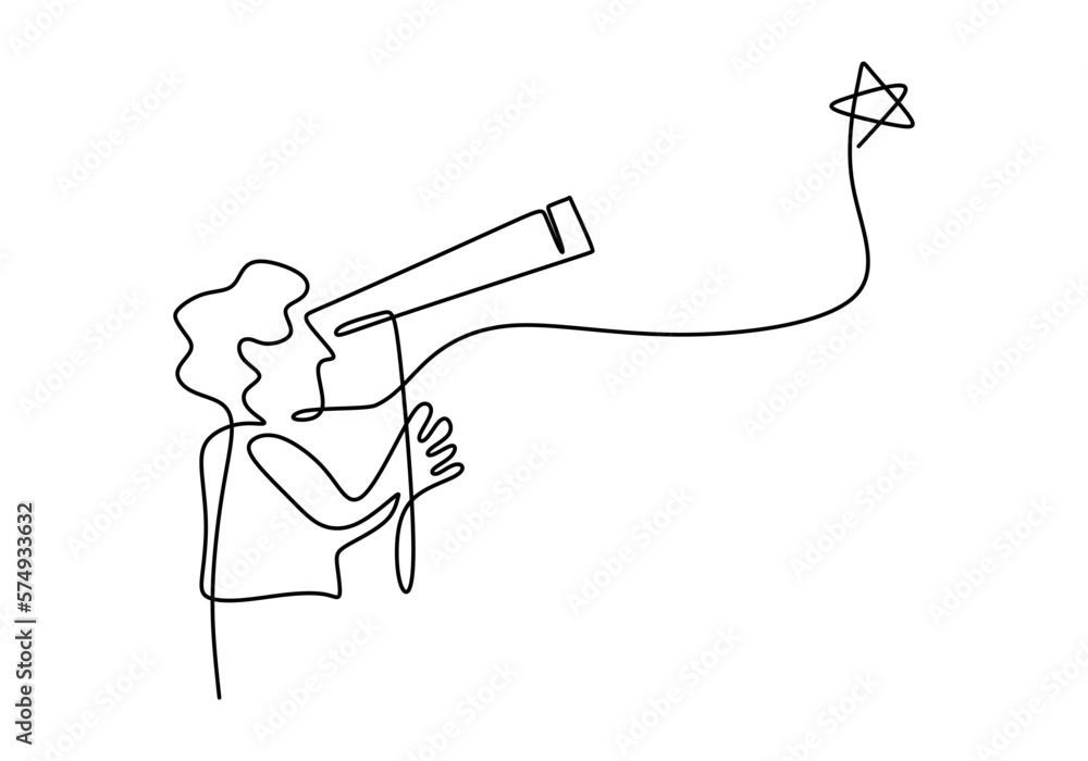 Poster hand drawing one single continuous line of man use binoculars science theme isolated on white backgr