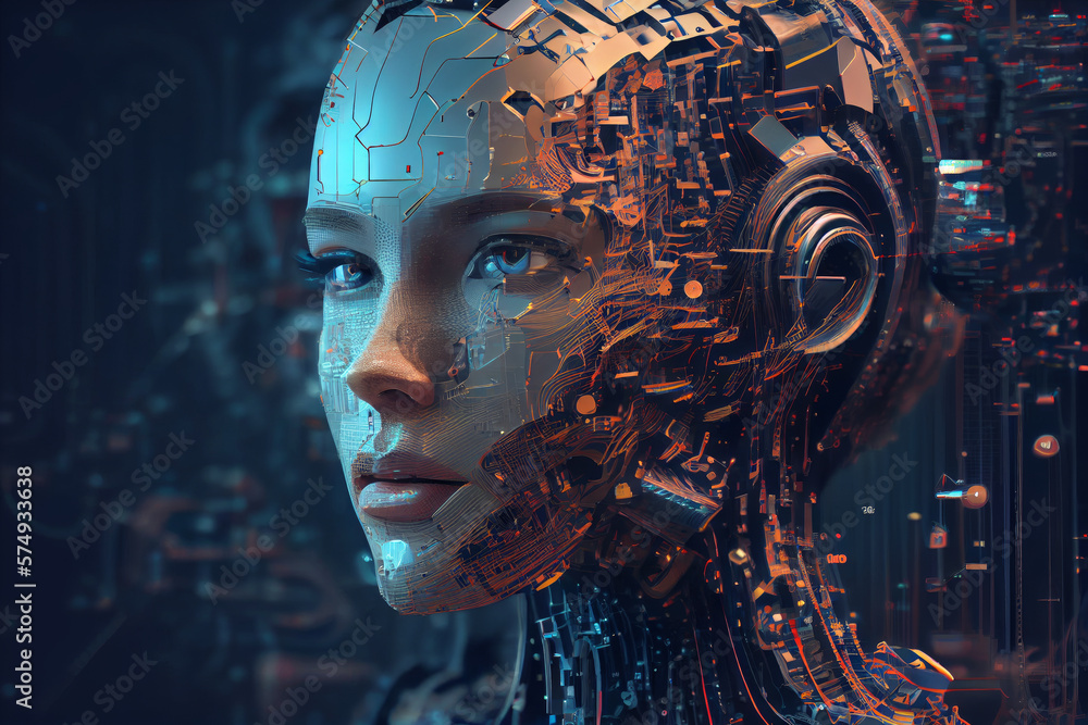 Wall mural head of humanoid robot with blue eyes and visible neural network and circuit board, symbolizing arti