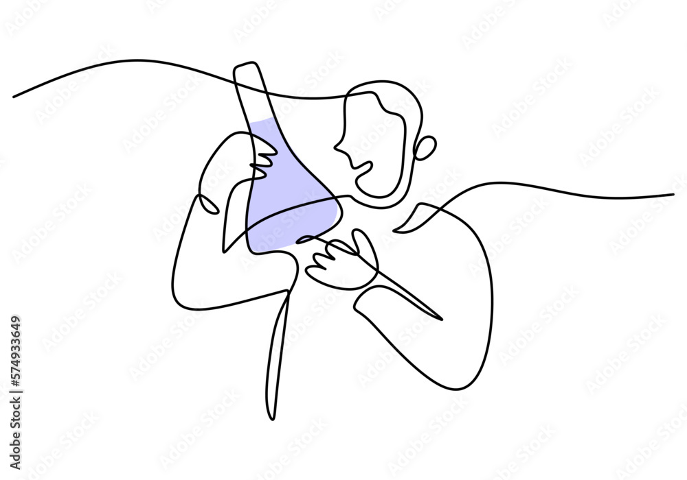 Poster hand drawing one single continuous line of scientist do experiment isolated on white background.