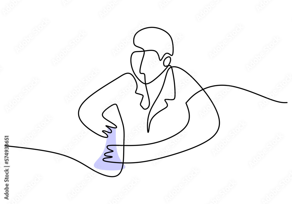 Poster hand drawing one single continuous line of scientist do experiment isolated on white background.