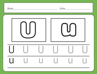 Letter Writing Guide. Tracing letters. Uppercase and lowercase letter U u. Engish alphabet