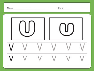 Letter Writing Guide. Tracing letters. Uppercase and lowercase letter V v. Engish alphabet