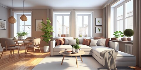 Stylish scandinavian living room with design mint sofa, furnitures, mock up poster map, plants and elegant personal accessories. Modern home decor. Bright and sunny room. Generative AI illustration.