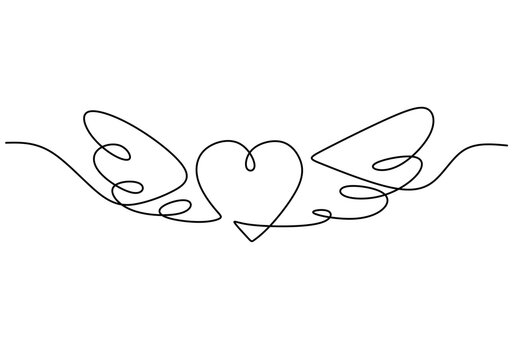 One line drawing of heart wing symbol isolated on white background.