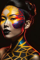 AI generated portrait of fashionable asian model with bright modern makeup and body painting