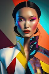 Obraz premium AI generated portrait of fashionable asian model with bright modern makeup and body painting