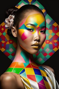 AI generated portrait of fashionable asian model with bright modern makeup and body painting