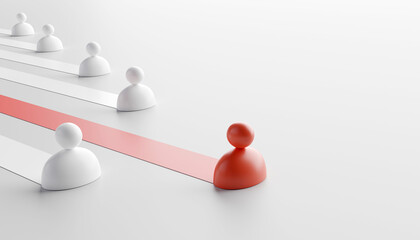 Red human icon precedes white human in the same direction. concept of leadership business aiming for success, teamwork achievement of target objectives with business design copy space. 3d illustration