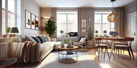 Stylish scandinavian living room with design mint sofa, furnitures, mock up poster map, plants and elegant personal accessories. Modern home decor. Bright and sunny room. Generative AI illustration.