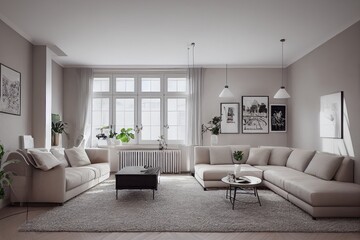 Stylish scandinavian living room with design mint sofa, furnitures, mock up poster map, plants and elegant personal accessories. Modern home decor. Bright and sunny room. Generative AI illustration.