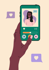 Person use Phone and watching in Social Media. Chatting, Watching Video, Liking Photos. Female Character Talking in Mobile App. Flat Cartoon Illustration.