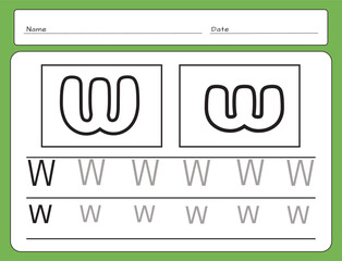 Letter Writing Guide. Tracing letters. Uppercase and lowercase letter W w. Engish alphabet