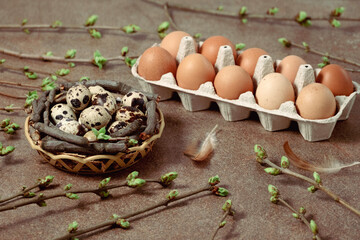 Easter concept background. Greeting card with quail eggs in the nest, chicken eggs, twigs with green leaves and feathers on wooden background