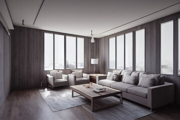 Stylish scandinavian living room with design mint sofa, furnitures, mock up poster map, plants and elegant personal accessories. Modern home decor. Bright and sunny room. Generative AI illustration.