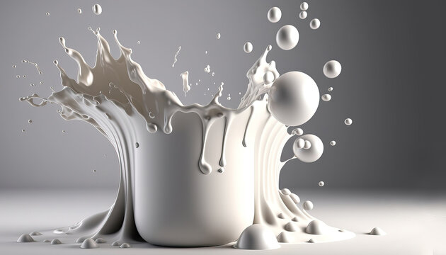 Generative AI, Flowing liquid with splashes in white color. Glossy creamy milk fluid banner, 3D effect, modern macro photorealistic abstract background illustration.	
