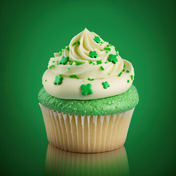 Happy St Patrick's Day Tasty cupcake with white cream and sugar shamrock, clover leaves on top standing on green background, rectangle AI generated picture