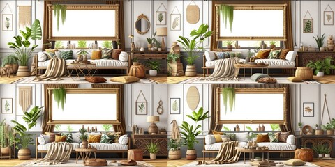 Stylish scandinavian living room with design mint sofa, furnitures, mock up poster map, plants and elegant personal accessories. Modern home decor. Bright and sunny room. Generative AI illustration.