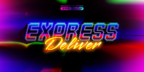 Retro text effect express delivery futuristic editable 80s classic style with experimental background, ideal for poster, flyer, social media post with give them the rad 1980s touch