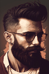 Bearded Hipster man with glasses, Hipster Hairstyle Portrait Illustration, Fictional Character, Generative AI