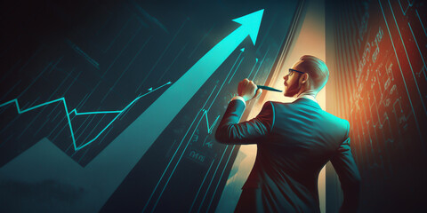 A successful businessman, is pointing to a graph that represents his company's promising future. He is confident that with the right strategy and hard work, business will be successful. generative ai.