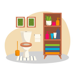 Bathroom interior. Toilet. toilet bowl, toilet brush, shelf with staff, plant, paintings. Vector graphic.