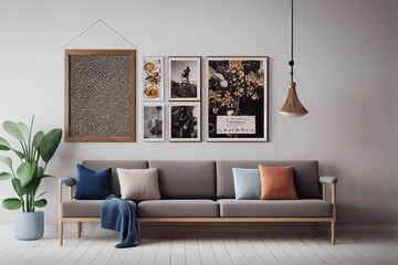 Stylish scandinavian living room with design mint sofa, furnitures, mock up poster map, plants and elegant personal accessories. Modern home decor. Bright and sunny room. Generative AI illustration.