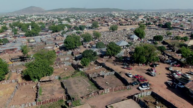 Gombe, Nigeria cattle market - aerial orbit reveal