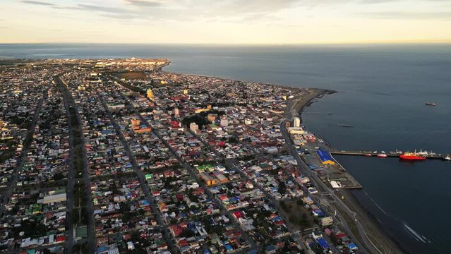 Port of Punta Arenas Chile Patagonian Strait of Magellan Aerial Drone Above City Architecture and Skyline Horizon Above Sea Water, South American Antarctic Patagonia