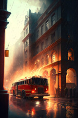 Obraz premium fireman,fire truck, building in fire. ai generative