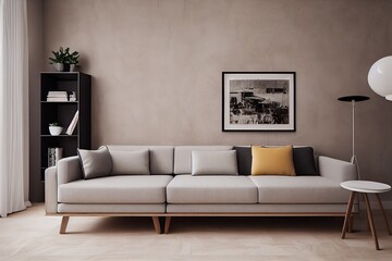 Stylish scandinavian living room with design mint sofa, furnitures, mock up poster map, plants and elegant personal accessories. Modern home decor. Bright and sunny room. Generative AI illustration.