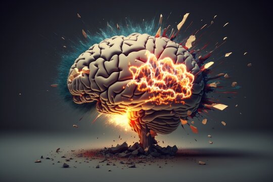 3D illustration of human brain with epic mind blowing thought explosion on the black background. AI generative