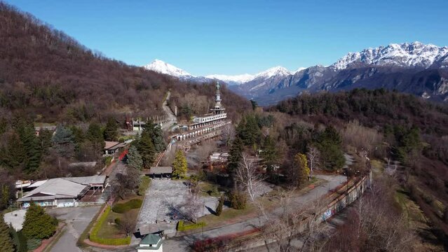 Aerial View Over Consonno Ghost Town In The Olginate Municipality Of The Province of Lecco. Circle Dolly, Establishing Shot
