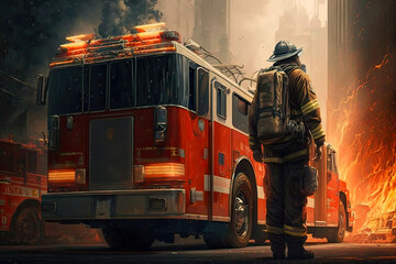 Fototapeta na wymiar fireman,fire truck, building in fire. ai generative