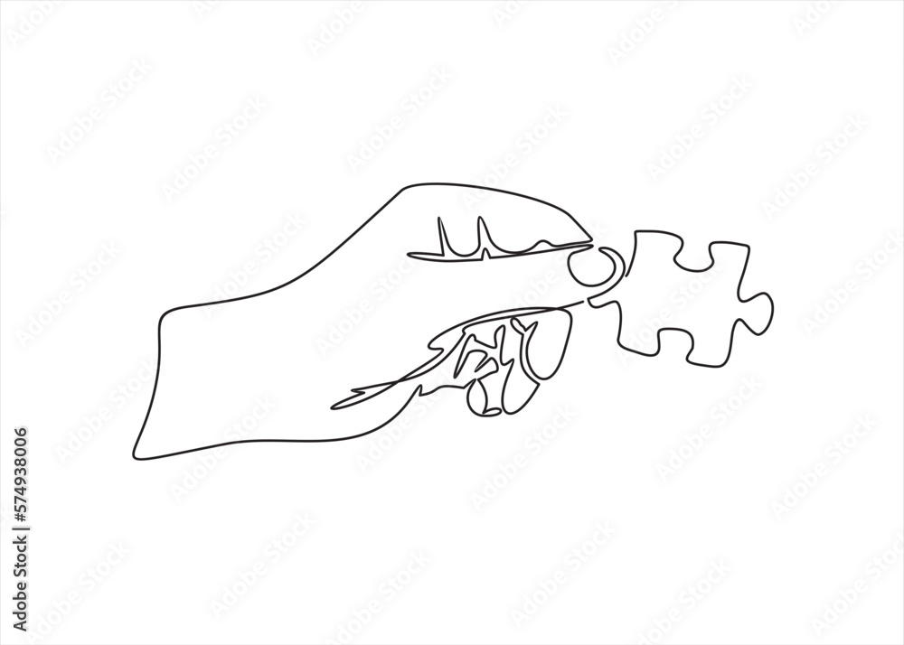 Poster continuous one line drawing of hand and puzzle. business matching - connecting puzzle elements. puzz