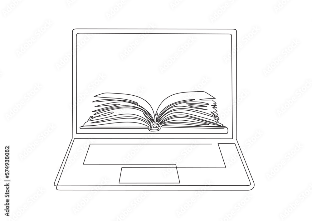 Poster continuous line drawing or one line drawing of a book on a computer. vector illustration of modern e
