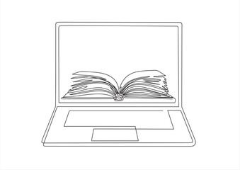 Continuous line drawing or one line drawing of a book on a computer. Vector illustration of modern education and technology. Online education concept.
