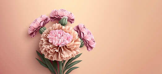 Paper flowers carnation, pink floral background, wedding card. Generative AI