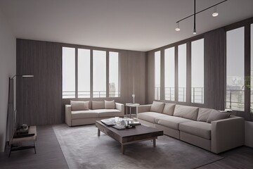 Stylish scandinavian living room with design mint sofa, furnitures, mock up poster map, plants and elegant personal accessories. Modern home decor. Bright and sunny room. Generative AI illustration.