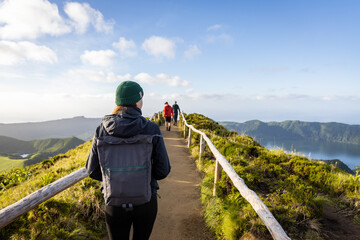 Woman at the Boca do Inferno viewpoint on São Miguel island in the Azores