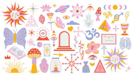  Magic background groovy in retro trend style with clipart elements. mystical vector isolated pattern. editable stroke clipart stickers. Esoteric element witchcraft. Collection of occult symbols y2k