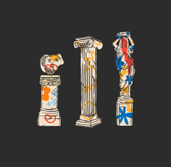 Hand drawn vector abstract outline,graphic,contemporary art greek ancient sculpture statue line modern drawing.Antique classic statue in trendy graffity style,outline design concept.Sculpture art set.