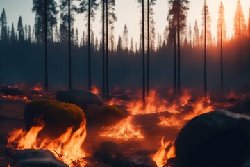 Un incendie et brasier dans une forêt de pin - genrative AI