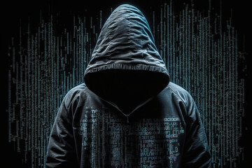 Hooded hacker with programming code background. Generative AI