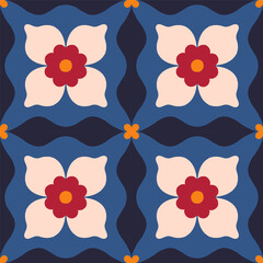 Simple floral tiled pattern. Vector seamless texture with symmetrical flowers and geometrical shapes. Beautiful background in retro style