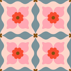 Simple floral tiled pattern. Vector seamless texture with symmetrical flowers and geometrical shapes. Beautiful background in retro style - 574939642