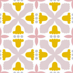 Decorative vector pattern with abstract flowers and shapes. Beautiful seamless texture in retro style. Symmetrical tile background