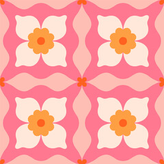 Simple floral tiled pattern. Vector seamless texture with symmetrical flowers and geometrical shapes. Beautiful background in retro style