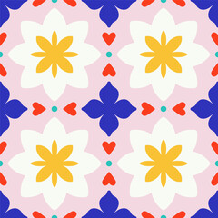 Seamless pattern with abstract flowers and hearts. Vector texture in retro style. Floral tile background