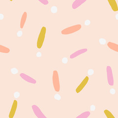 Vector abstract texture with lines and dots. Simple seamless pattern in naive childish style. Cute hand drawn background 