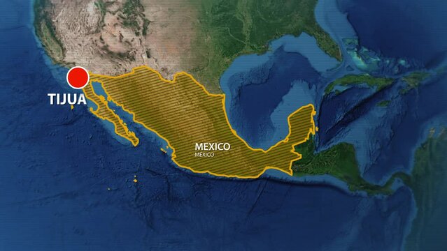 Designation of the borders of Mexico on the map and the mark of the location of the city of Tijuana